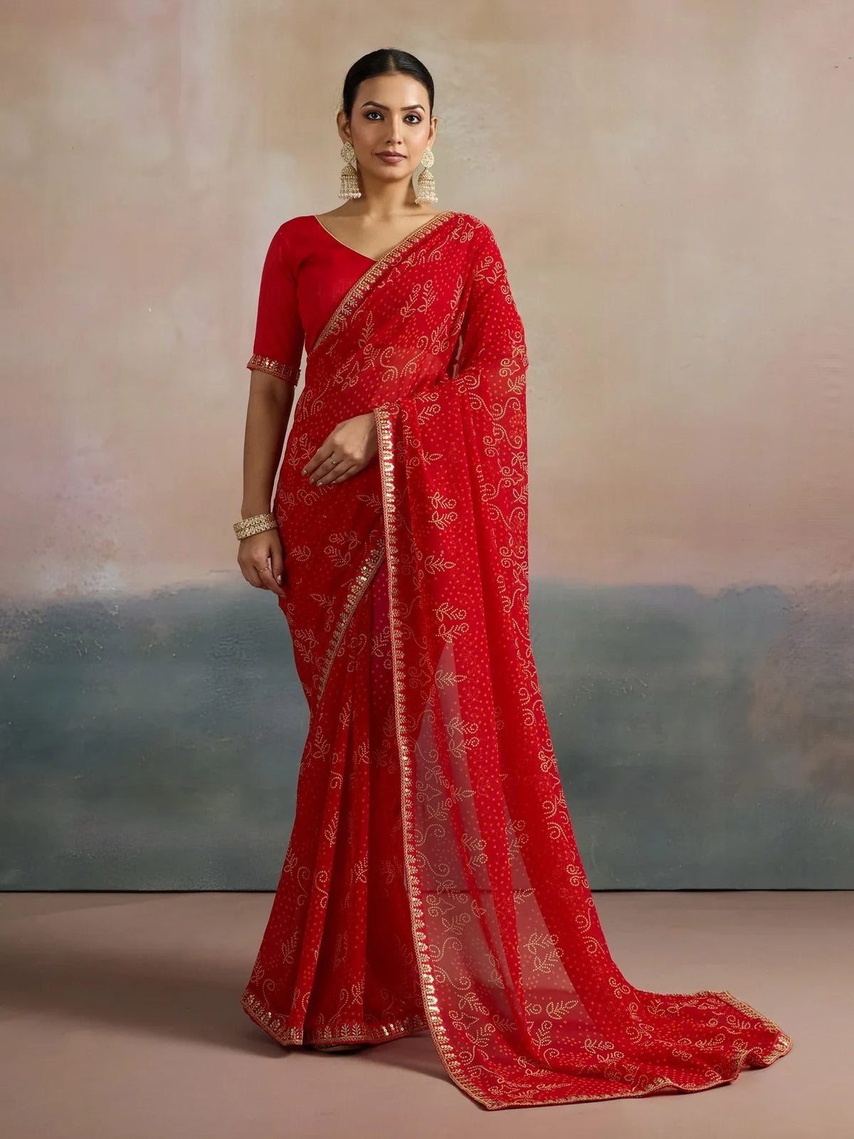 Red Red Bandhani Georgette Printed Saree