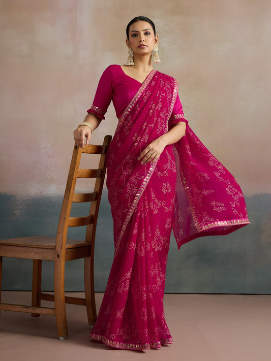 Pink Pink Bandhani Georgette Printed Saree