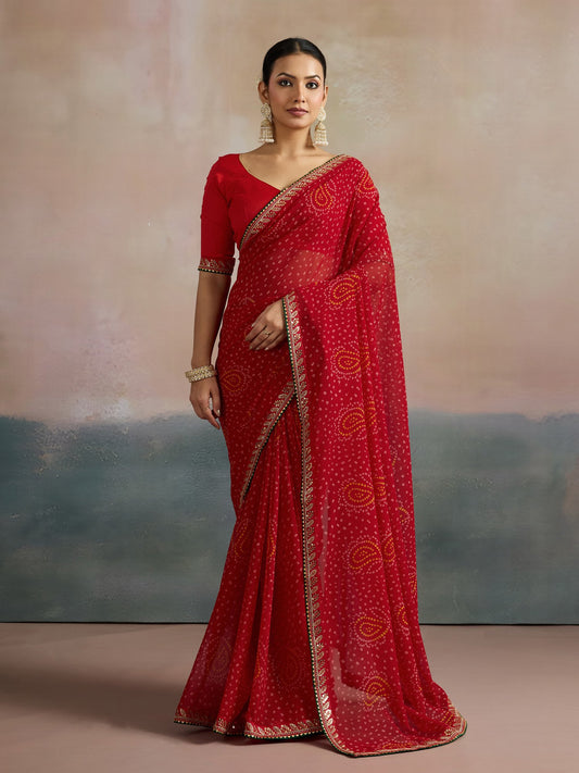 Red Red Bandhani Georgette Printed Saree