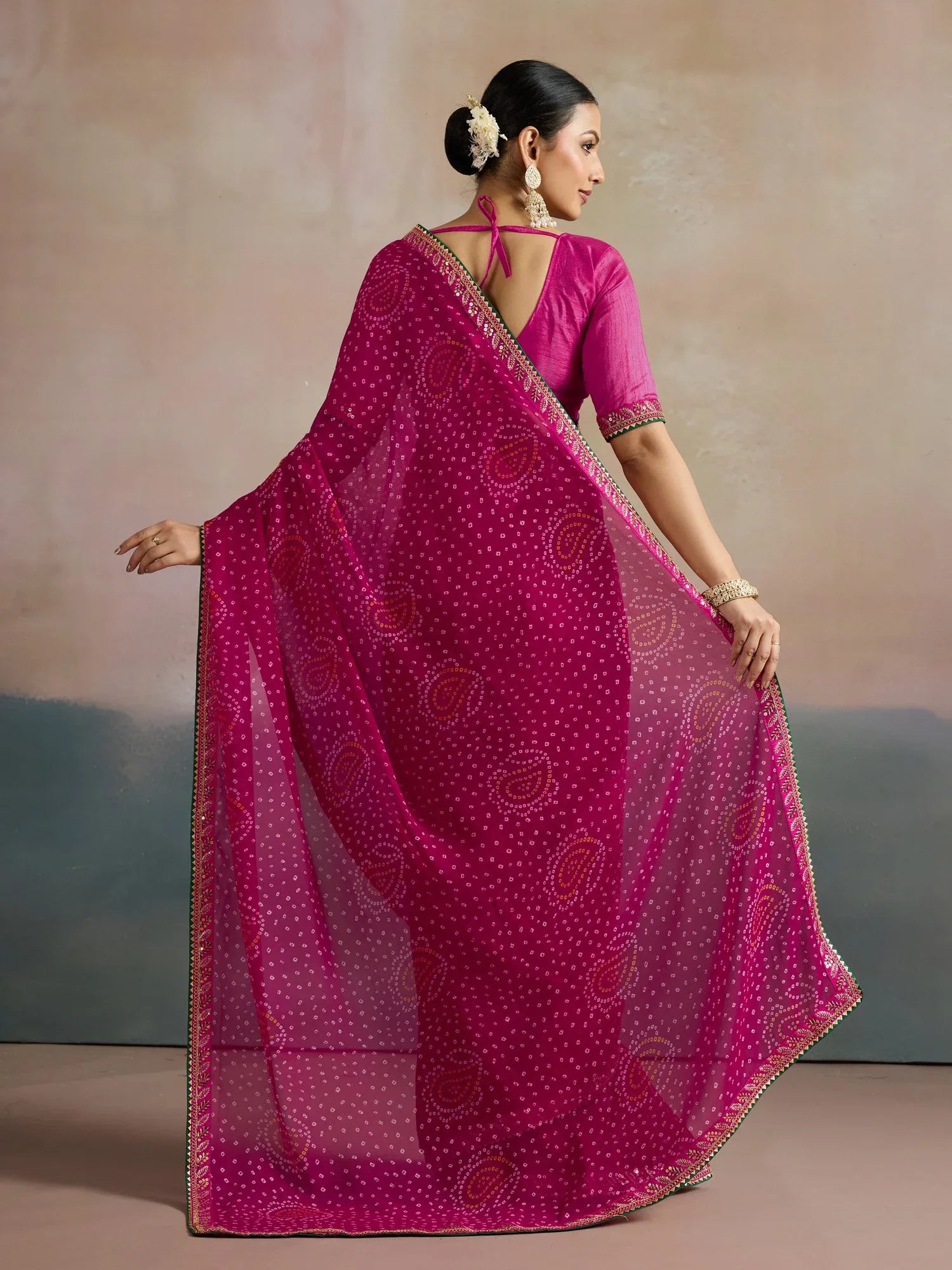 Pink Bandhani Georgette Printed Saree