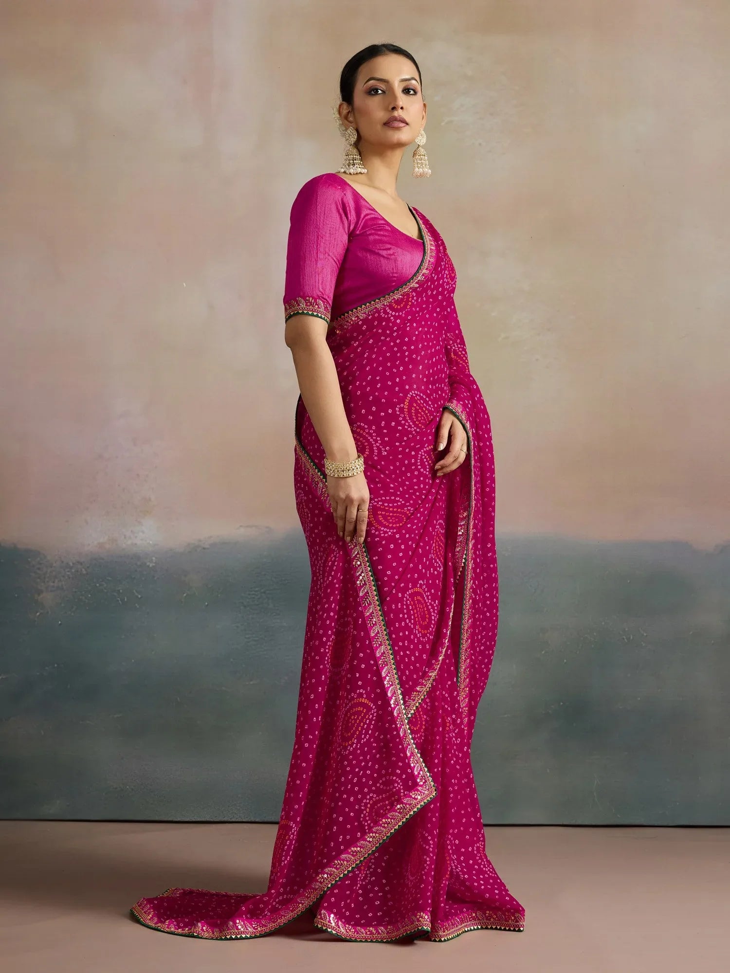 Pink Bandhani Georgette Printed Saree