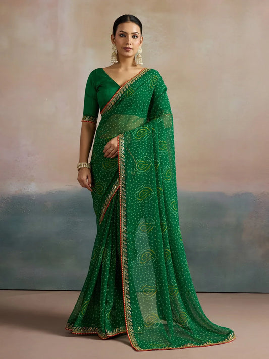 Green Green Bandhani Georgette Printed Saree