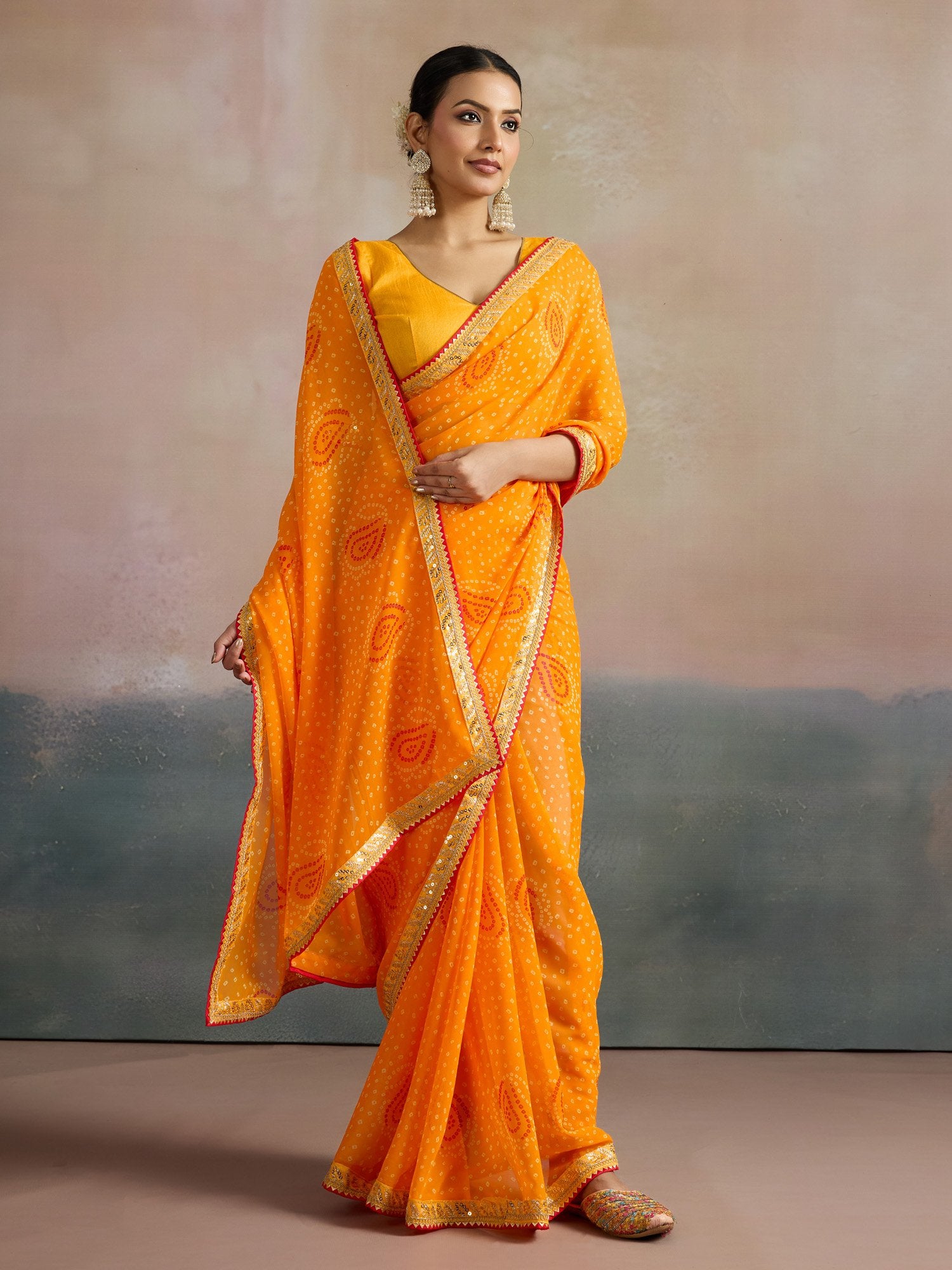 Yellow Bandhani Georgette Printed Saree