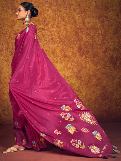Pink Tussar chinnon Printed Saree