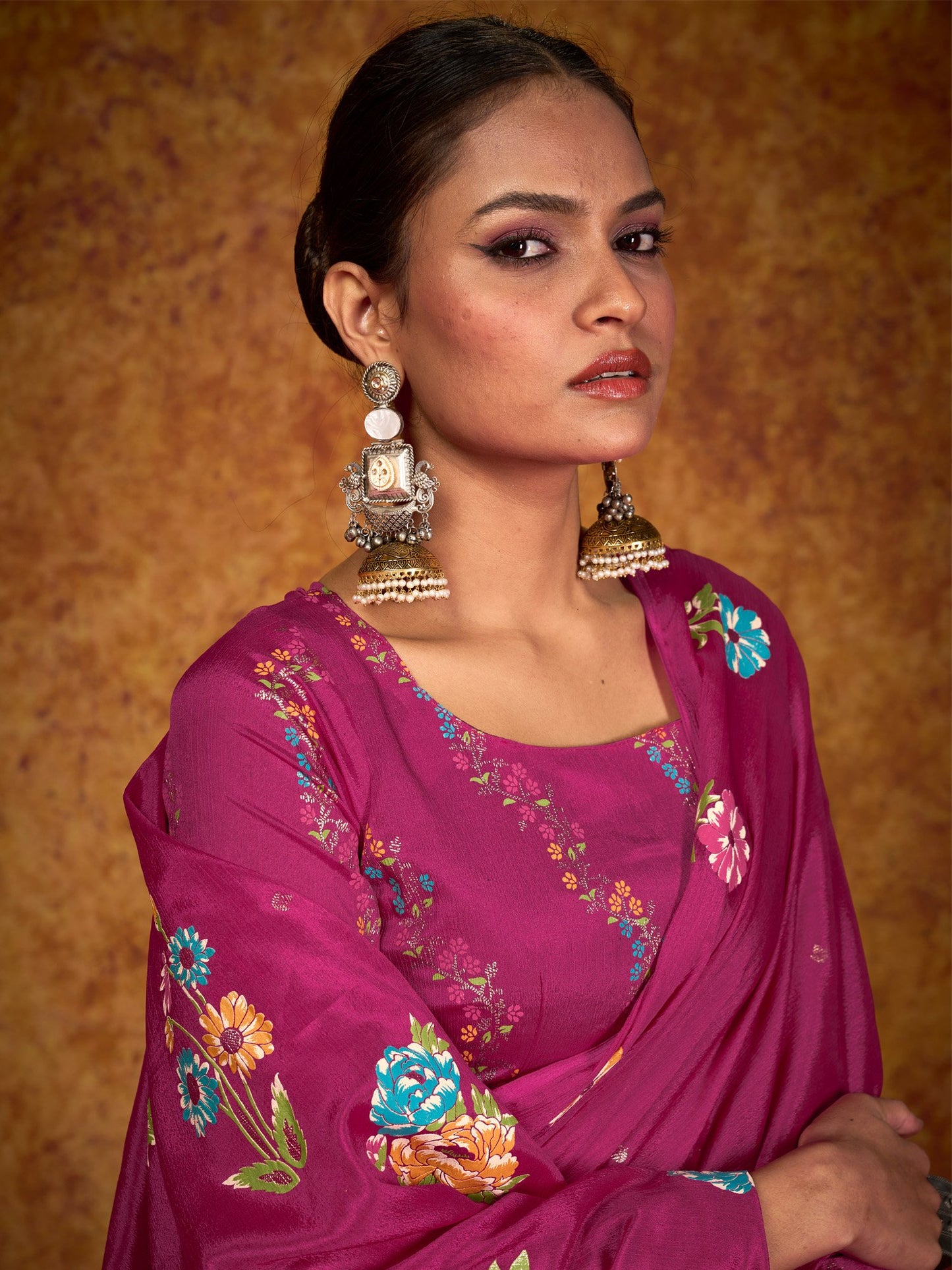 Pink Tussar chinnon Printed Saree
