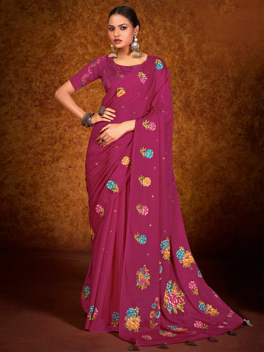 Pink Pink Tussar chinnon Printed Saree