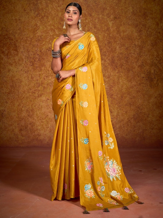 Yellow Mustard Tussar chinnon Printed Saree