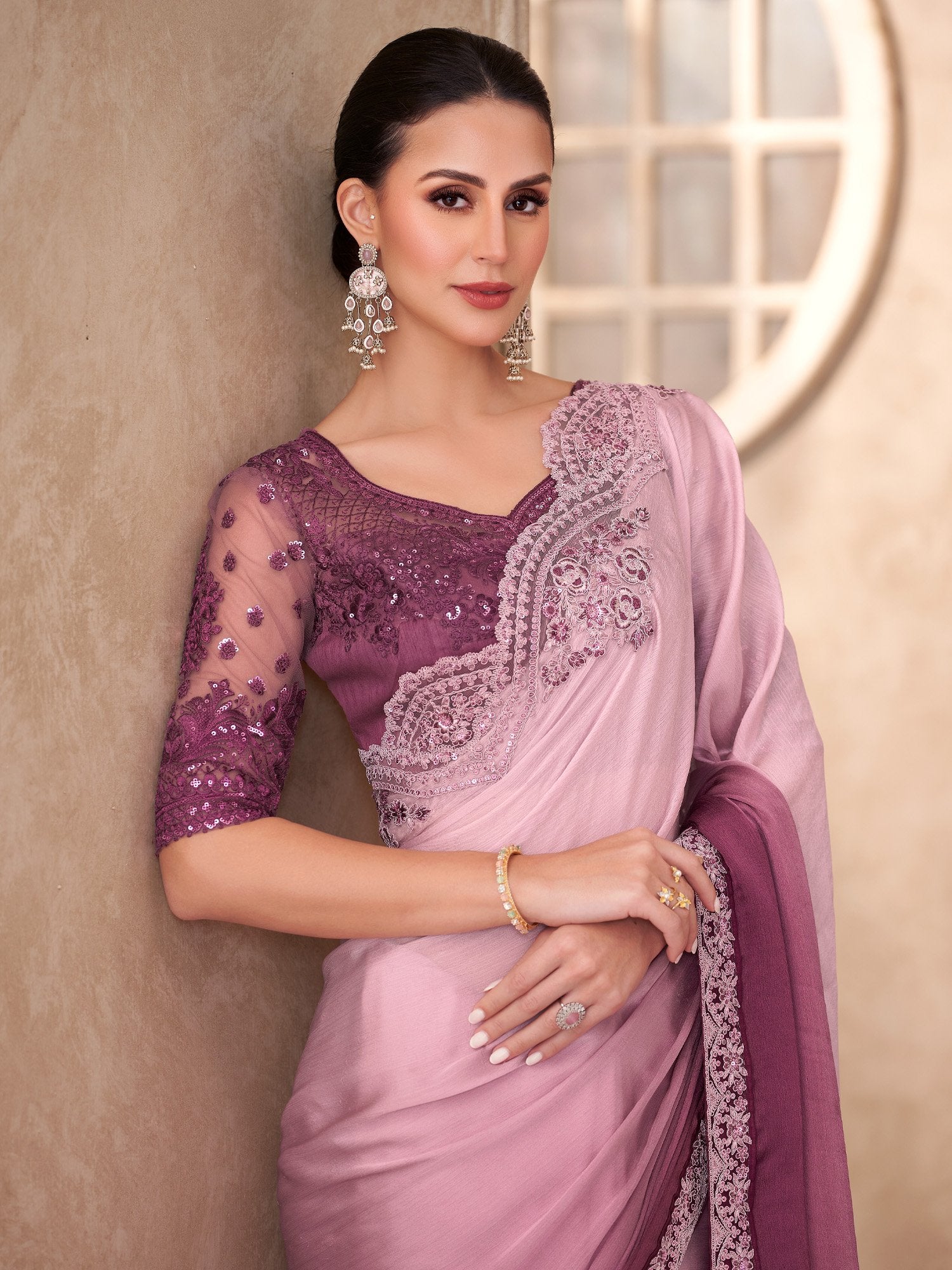 Purple Mauve Party Wear Chiffon Embellished Saree