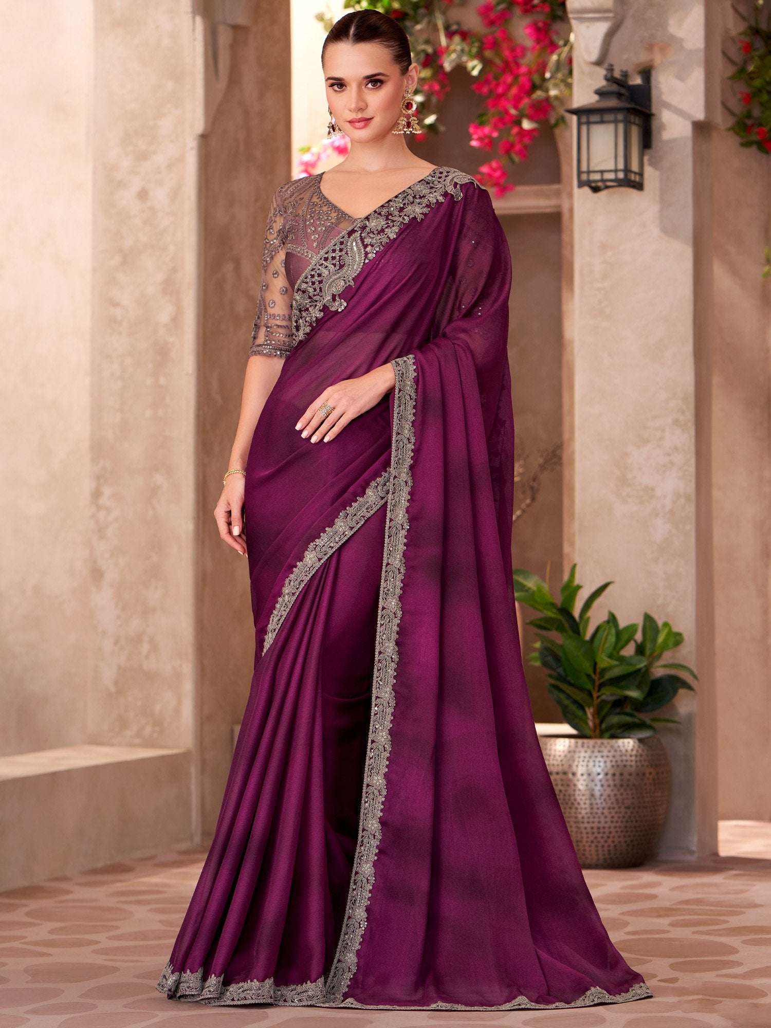 Burgundy Party Wear Chiffon Embellished Saree