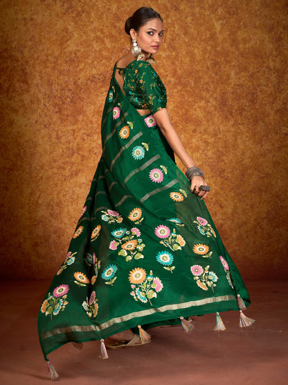 Green Tussar chinnon Printed Saree