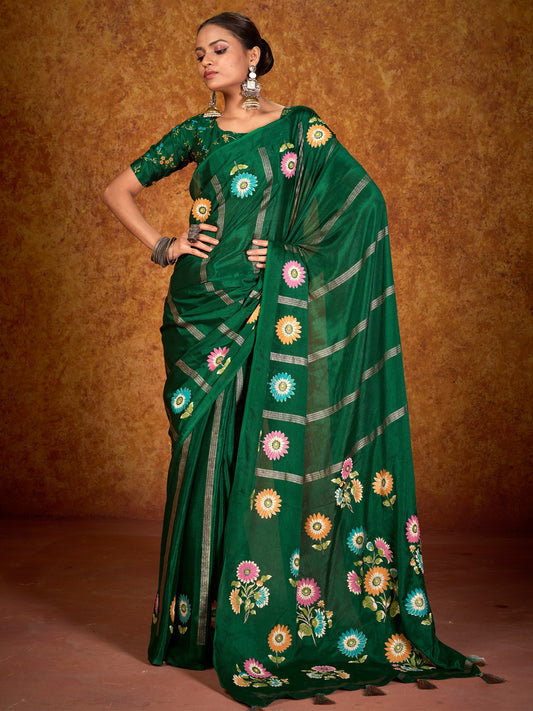 Green Green Tussar chinnon Printed Saree