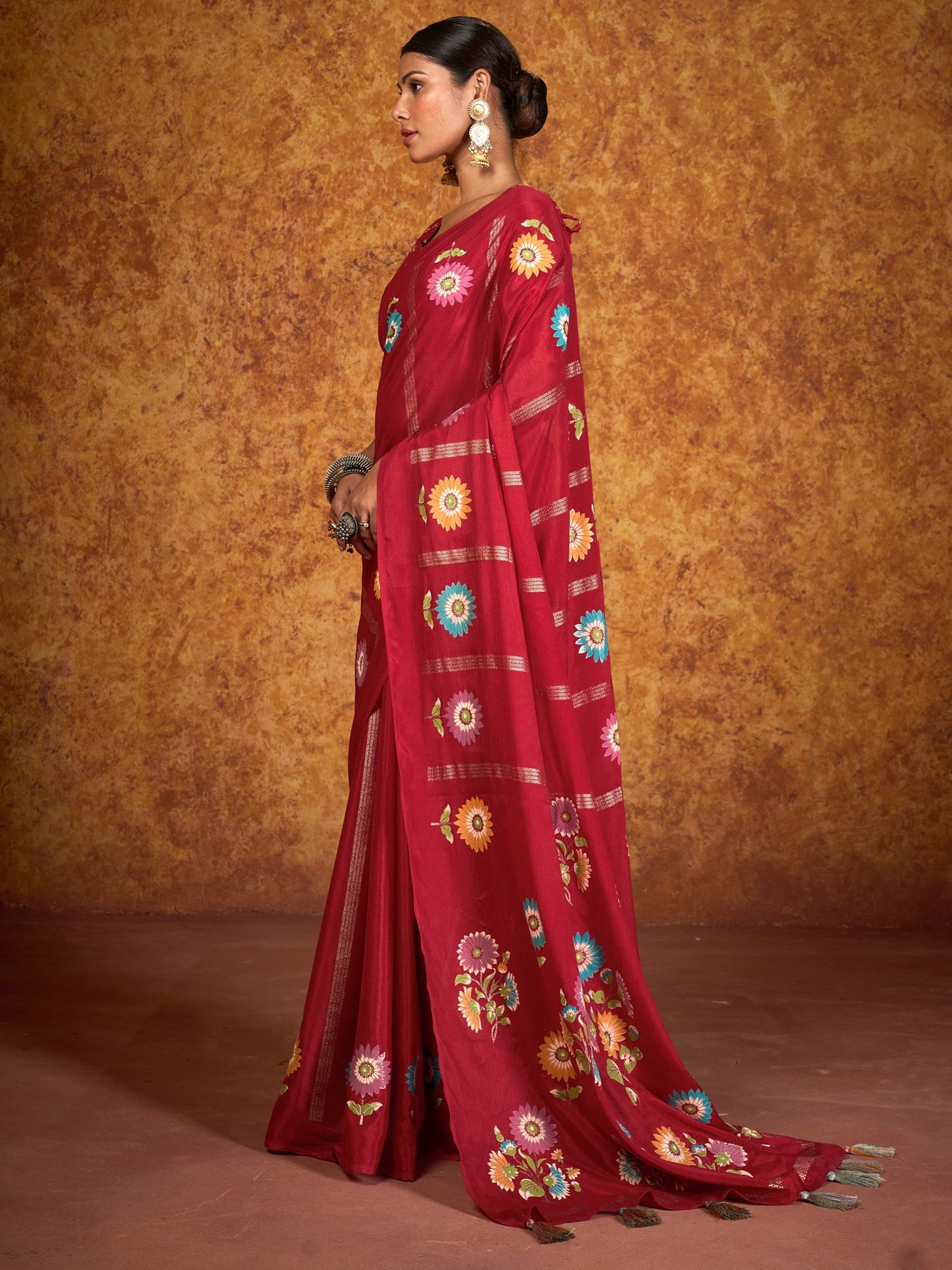 Red Tussar chinnon Printed Saree