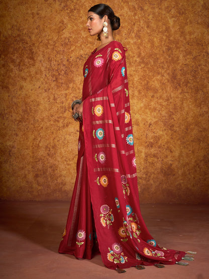 Red Tussar chinnon Printed Saree