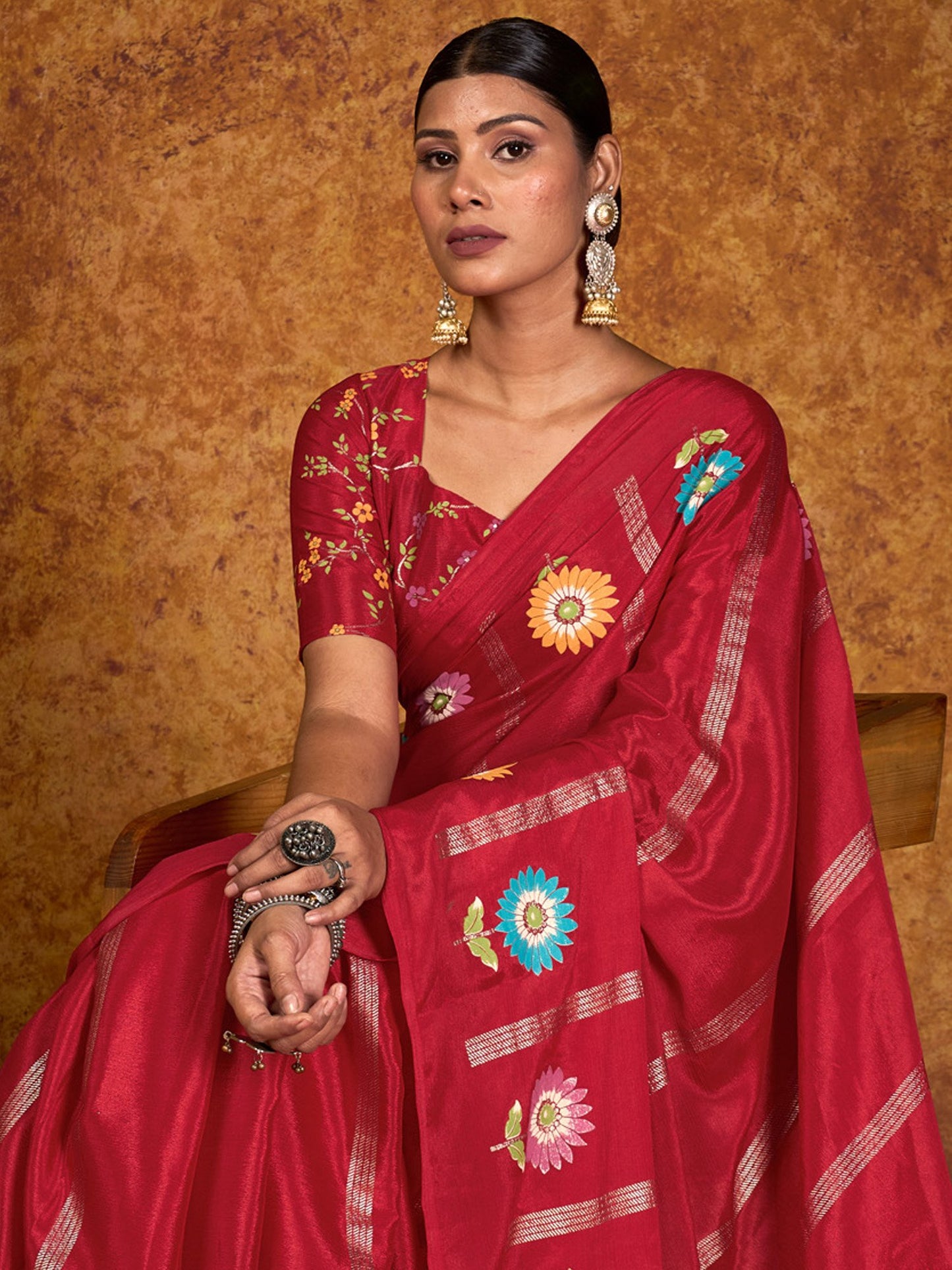 Red Tussar chinnon Printed Saree