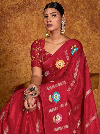 Red Tussar chinnon Printed Saree