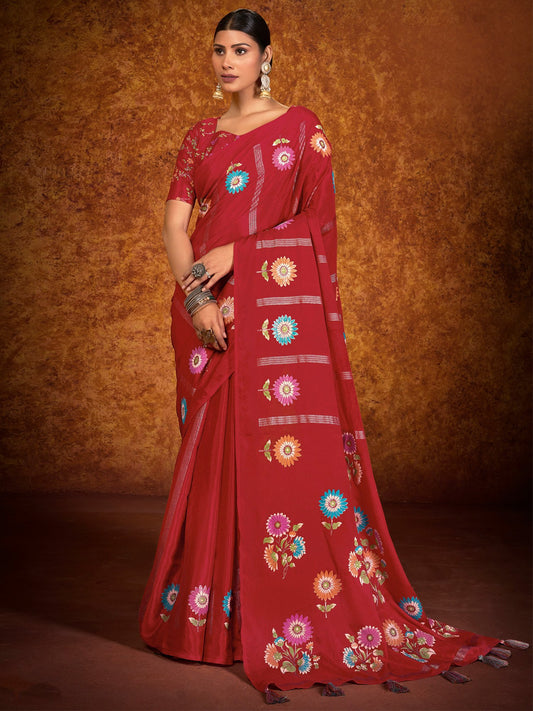 Red Red Tussar chinnon Printed Saree