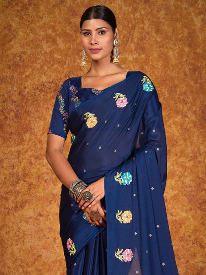 Blue Tussar chinnon Printed Saree