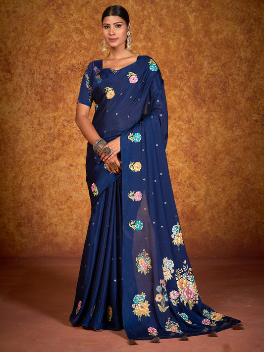 Blue Blue Tussar chinnon Printed Saree