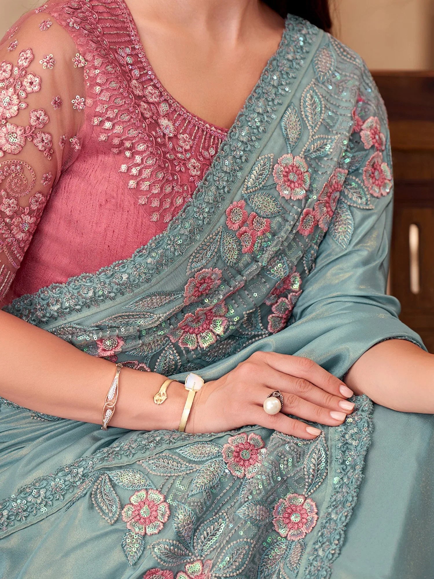 Turquoise Party Wear Georgette Embellished Saree