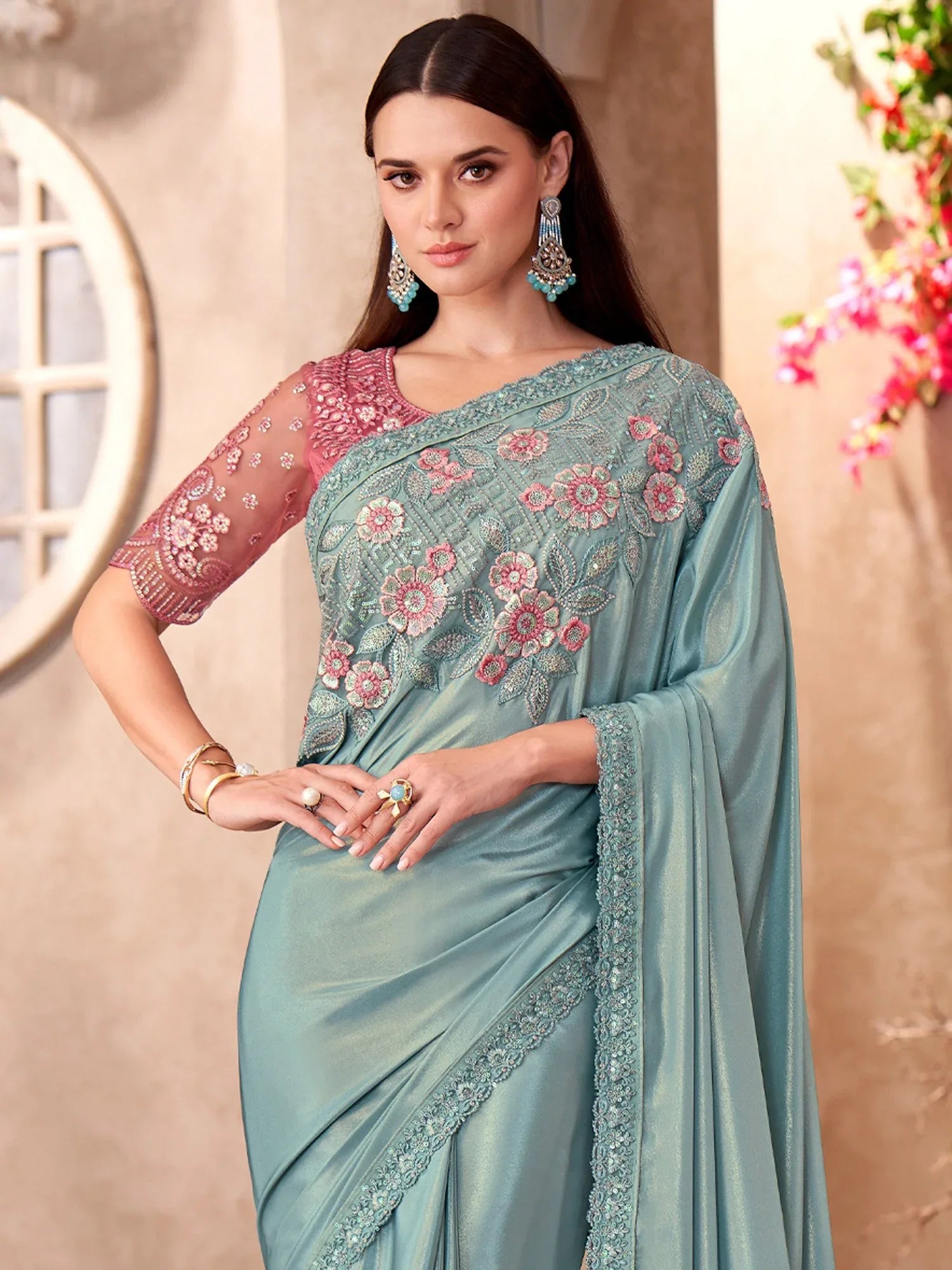 Turquoise Party Wear Georgette Embellished Saree
