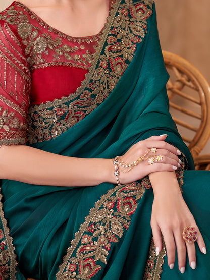Teal Party Wear Chiffon Embellished Saree
