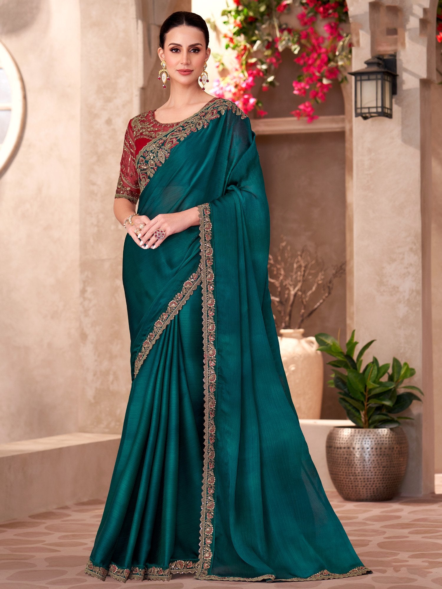 Blue Teal Party Wear Chiffon Embellished Saree