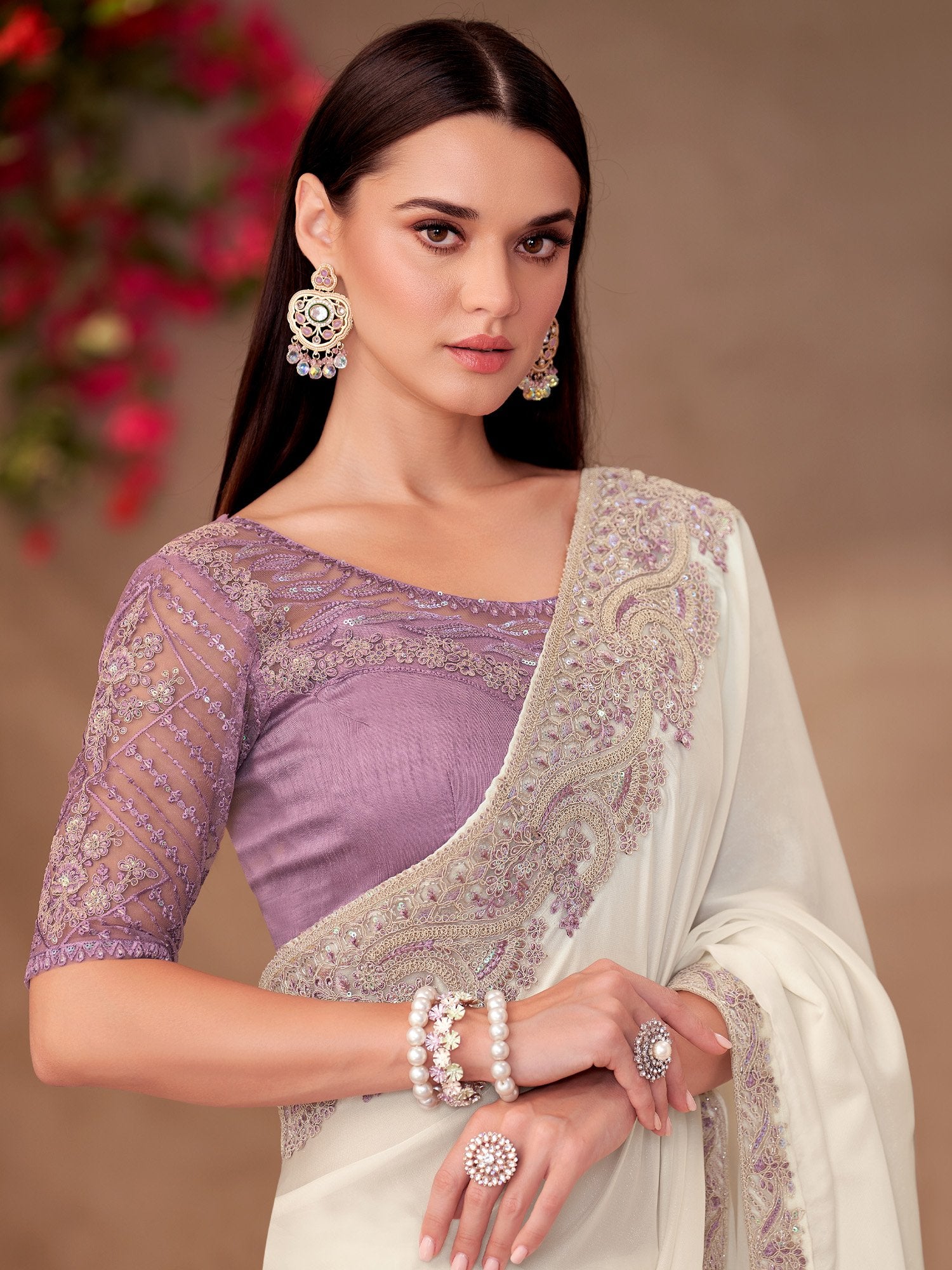 White Off Party Wear Georgette Embellished Saree