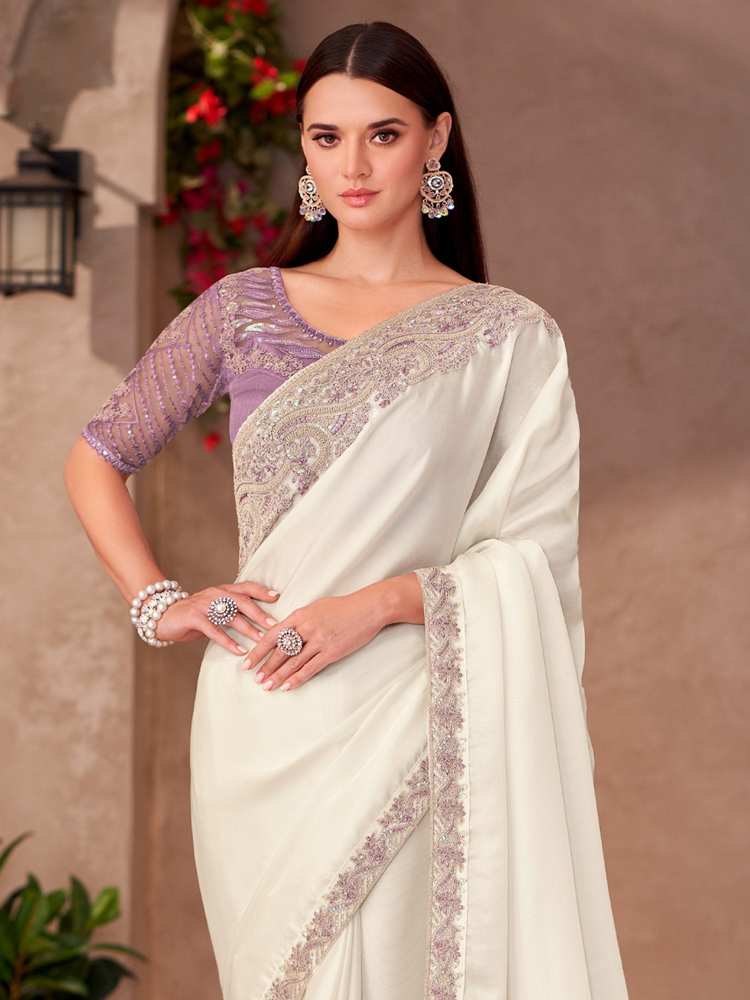 Off White Party Wear Georgette Embellished Saree