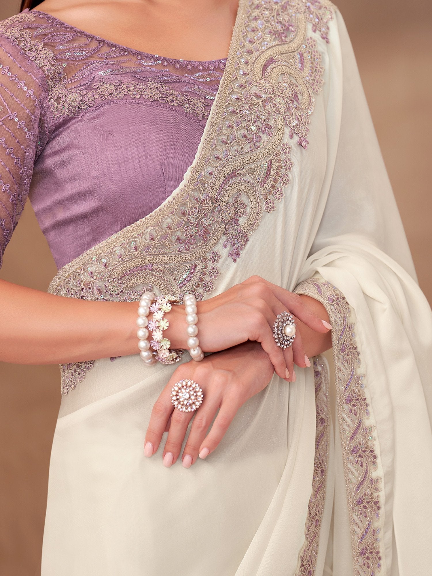 Off White Party Wear Georgette Embellished Saree