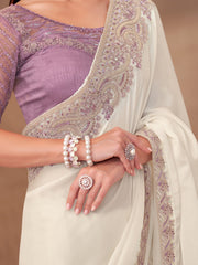 Off White Party Wear Georgette Embellished Saree