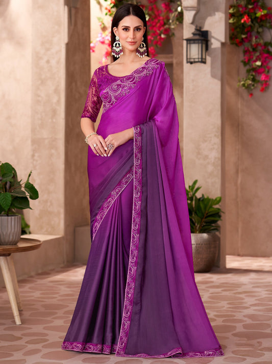 Purple Magenta Party Wear Chiffon Embellished Saree