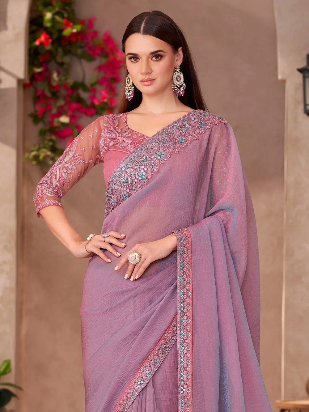 Mauve Party Wear Georgette Embellished Saree - The Dori Store