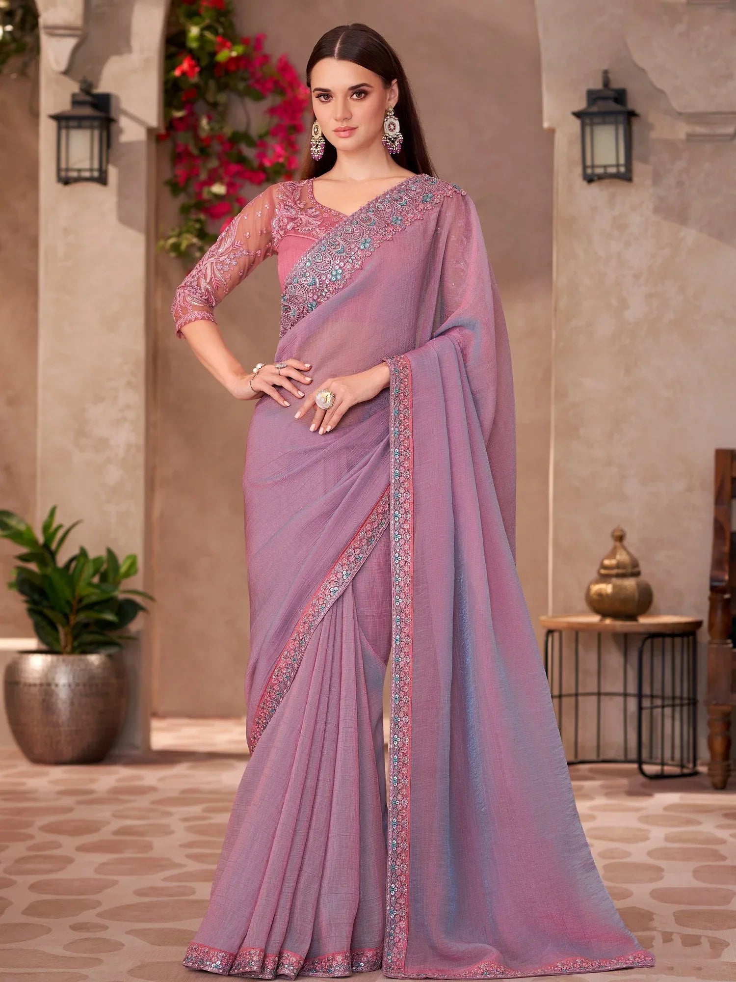 Mauve Party Wear Georgette Embellished Saree - The Dori Store
