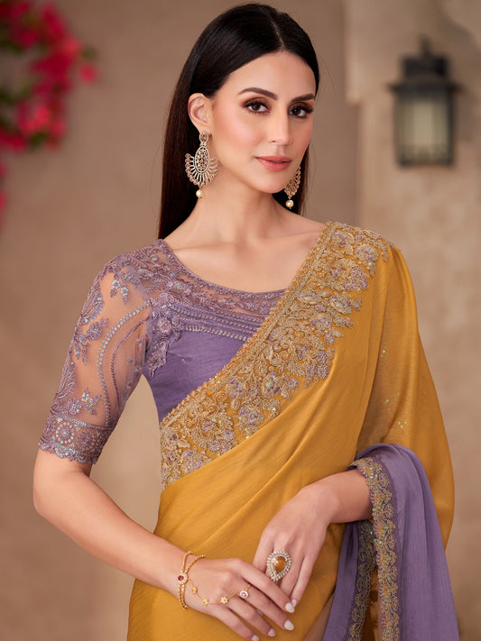 Yellow Mustard Party Wear Chiffon Embellished Saree