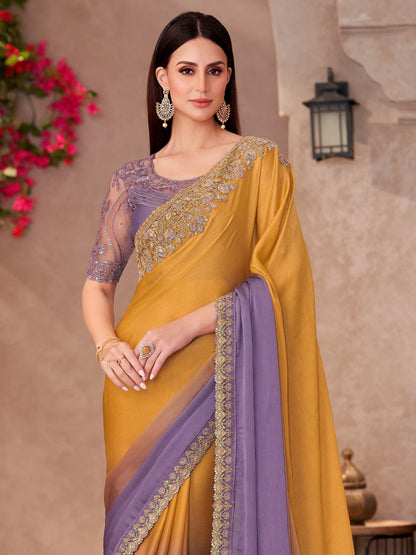 Mustard Party Wear Chiffon Embellished Saree