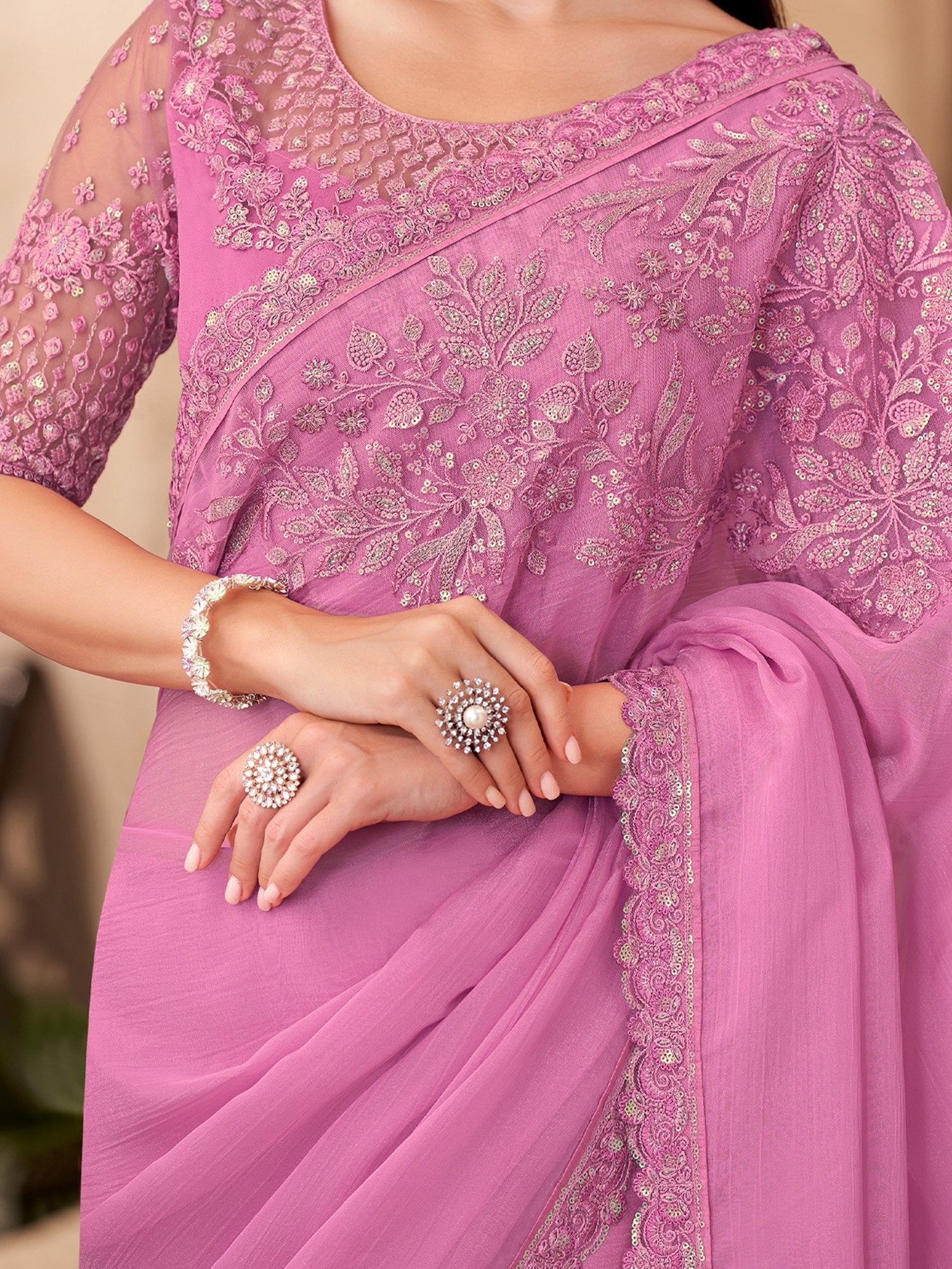 Pink Party Wear Chiffon Embellished Saree