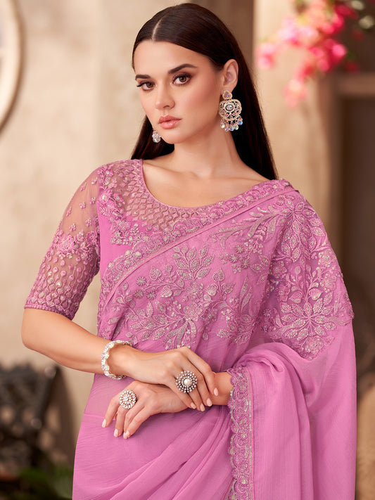 Pink Pink Party Wear Chiffon Embellished Saree