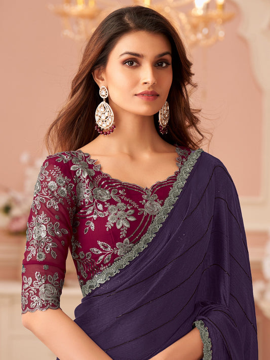 Purple Violet Party Wear Satin Silk Embellished Saree