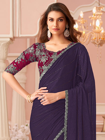 Violet Party Wear Satin Silk Embellished Saree