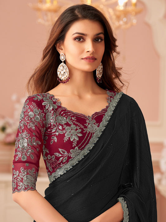 Black Black Party Wear Satin Silk Embellished Saree