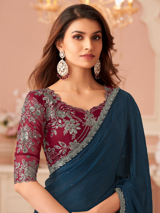 Blue Teal Party Wear Satin Silk Embellished Saree