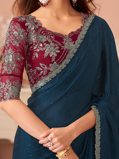 Teal Party Wear Satin Silk Embellished Saree
