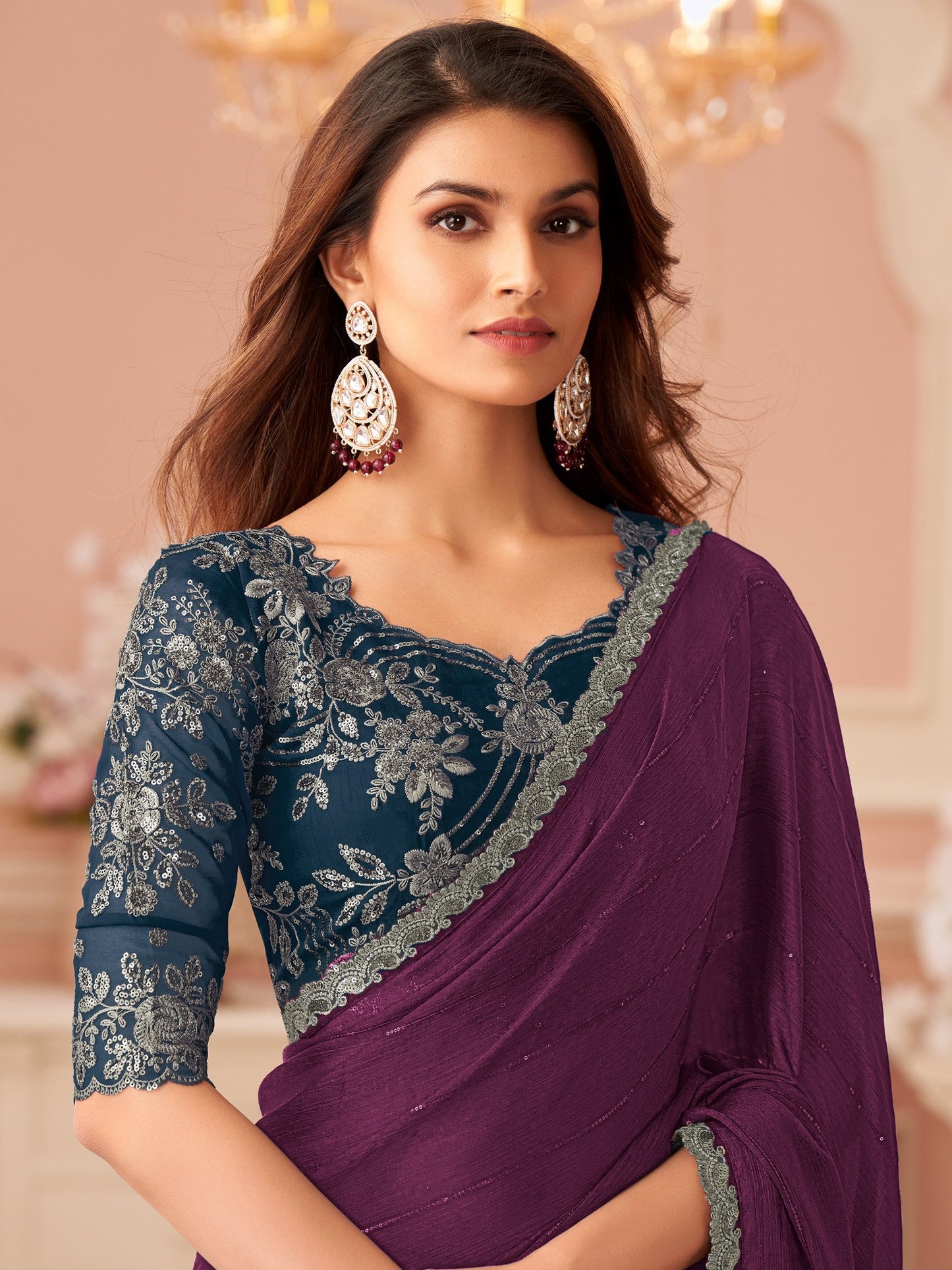 Purple Party Wear Satin Silk Embellished Saree