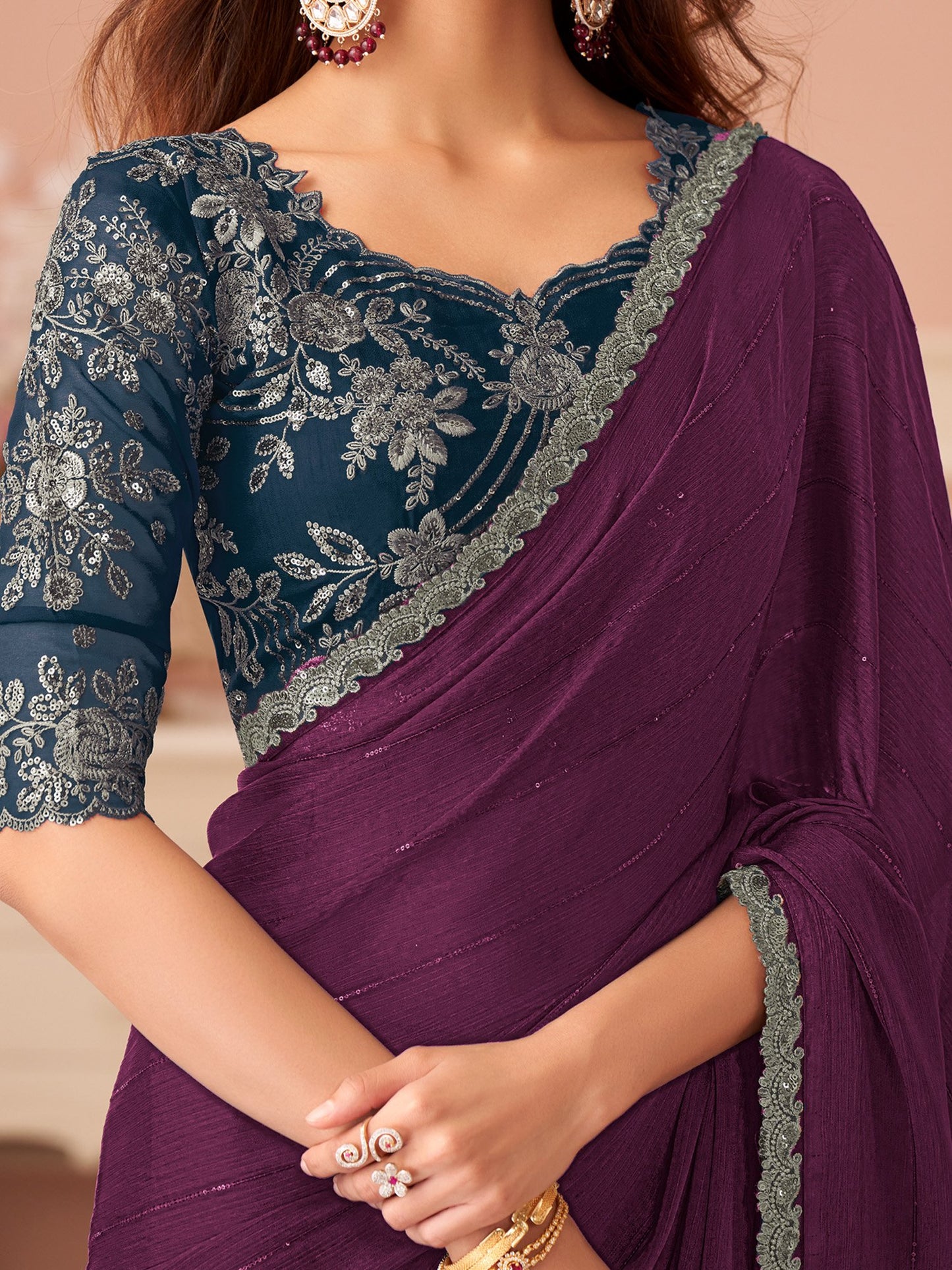 Purple Party Wear Satin Silk Embellished Saree