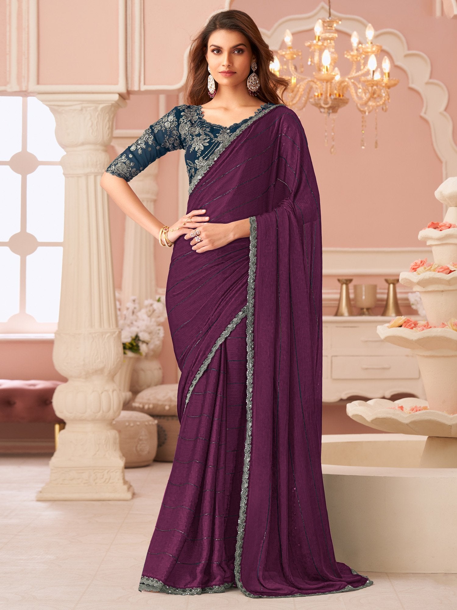 Purple Purple Party Wear Satin Silk Embellished Saree