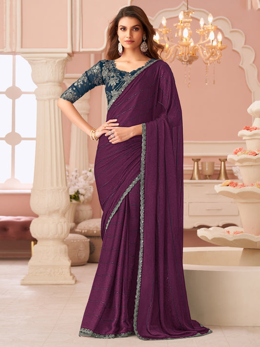 Purple Purple Party Wear Satin Silk Embellished Saree