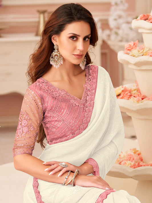 White White Party Wear Georgette Embellished Saree