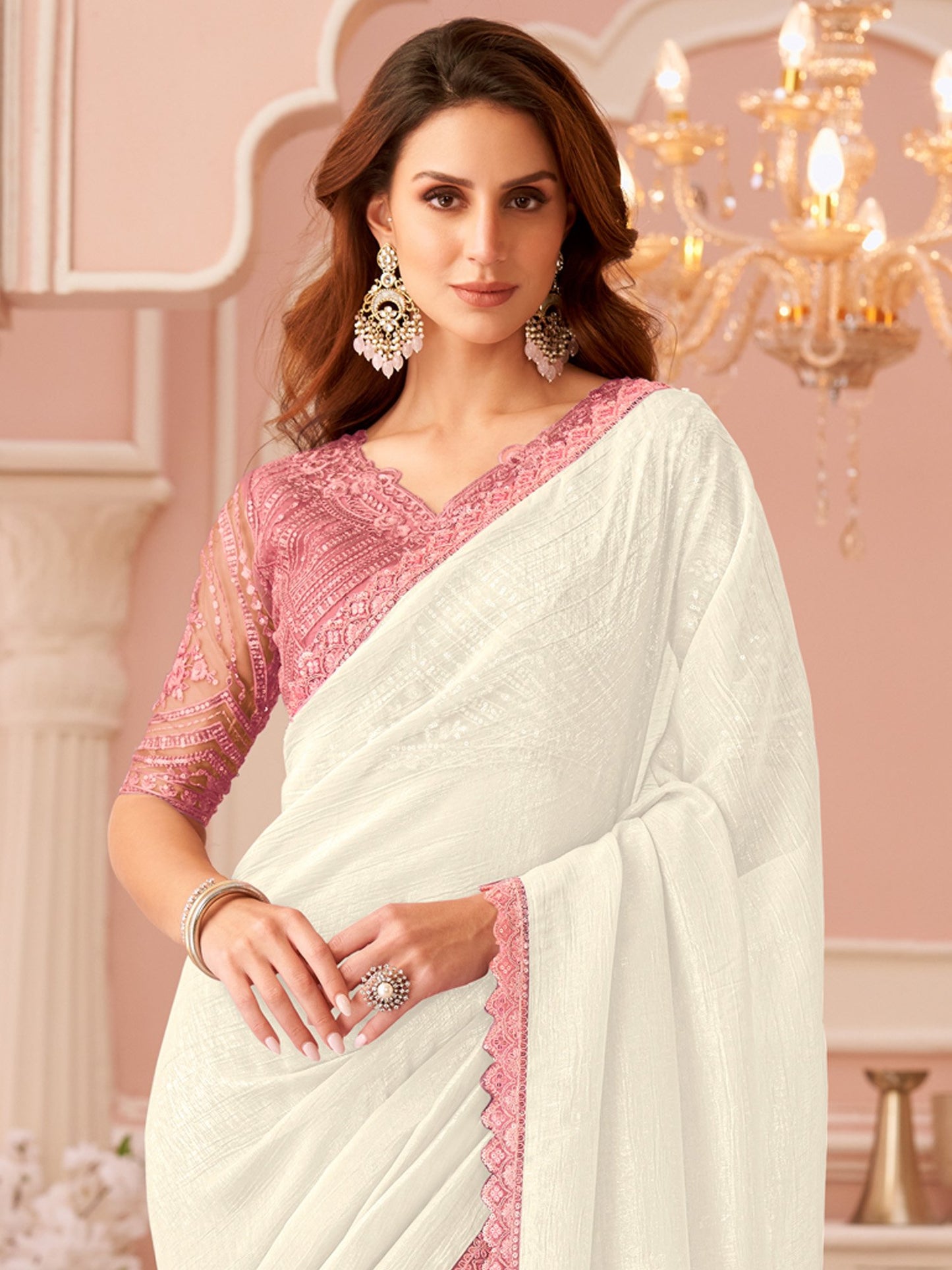 White Party Wear Georgette Embellished Saree
