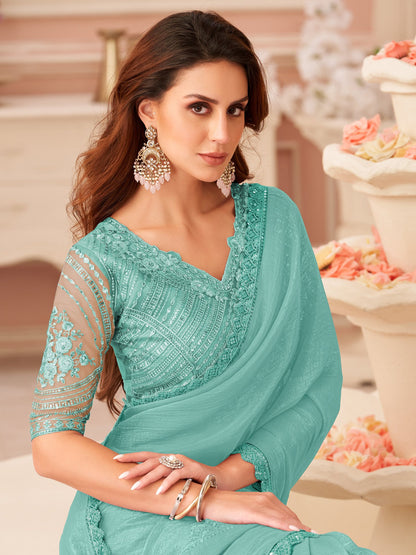 Blue Aqua Party Wear Georgette Embellished Saree