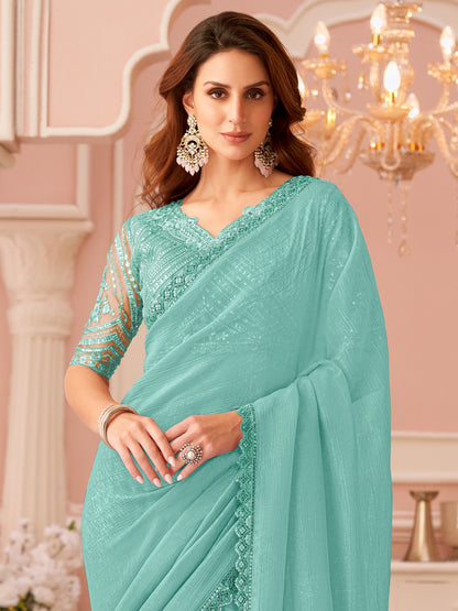 Aqua Party Wear Georgette Embellished Saree